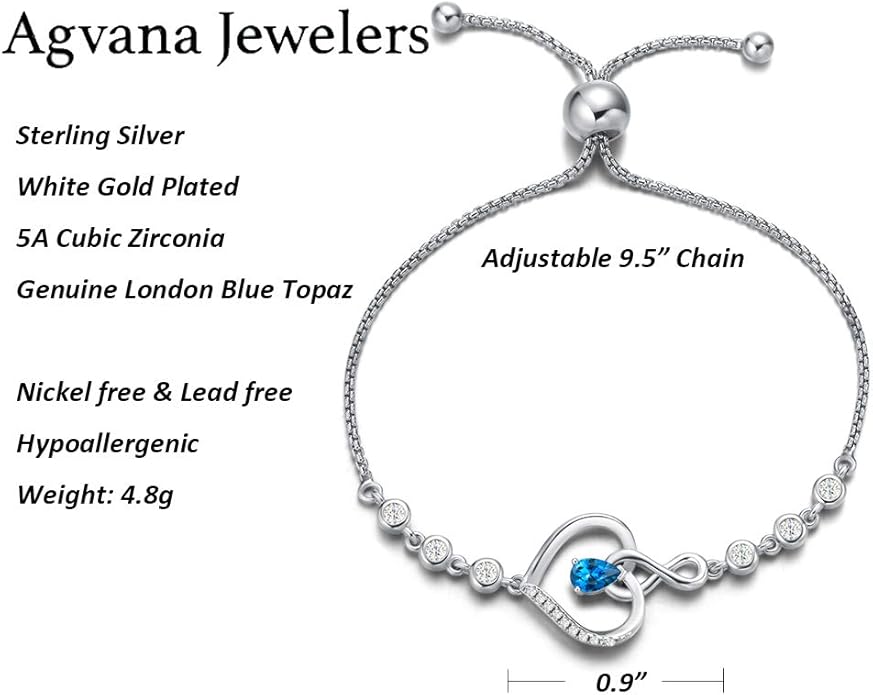 AGVANA Valentines Day Gifts Heart Birthstone Bracelets for Women Sterling Silver Genuine or Created Gemstone Tennis Bracelet Infinity Love Jewelry Anniversary Birthday Gifts for Wife Mom Women