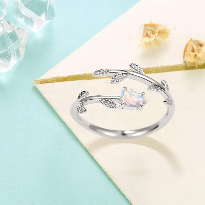 PRAYMOS 925 Sterling Silver Leaf Ring White Opal Moonstone Rings Adjustable Open Ring for Women with Jewelry Box Size 7-9