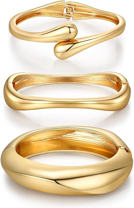 Chunky Gold Bangle Bracelets for Women Trendy 14K Gold Plated Cuff Bracelets Stack, Dainty Bracelet Sets Fashion Jewelry Gift