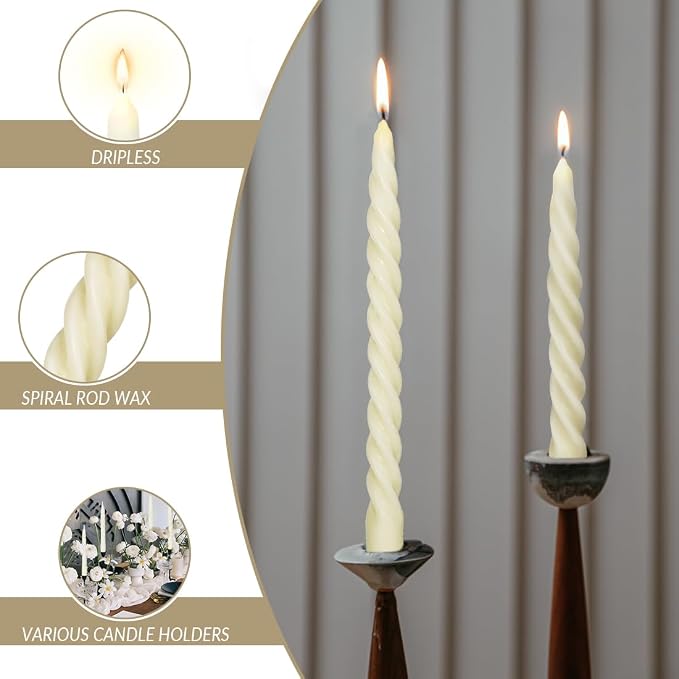 Natural Beeswax Spiral Taper Candles Pack of 6, Organic Dripless Long Candle - Image 2