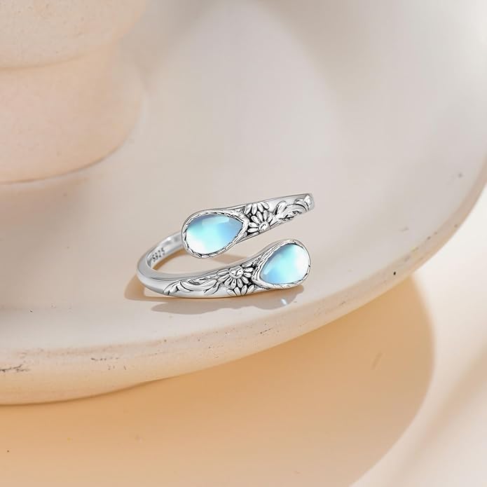 Moonstone Ring for Women 925 Sterling Silver Adjustable Open Ring Boho Statement Jewelry Gift for Her