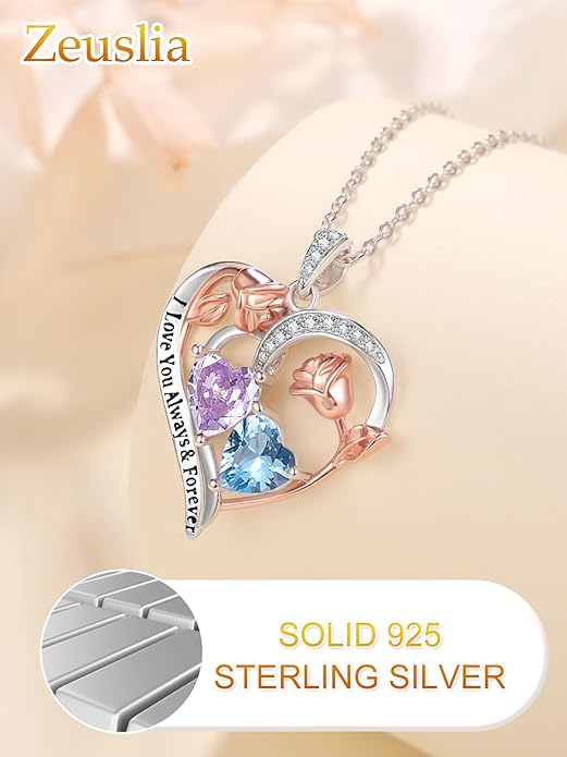 Valentine's Day Gifts for Wife 925 Sterling Silver Double Birthstone Pendant Necklaces I Love You for Always and Forever Necklace Anniversary Birthday Gifts for Wife Girlfriend Mom Her