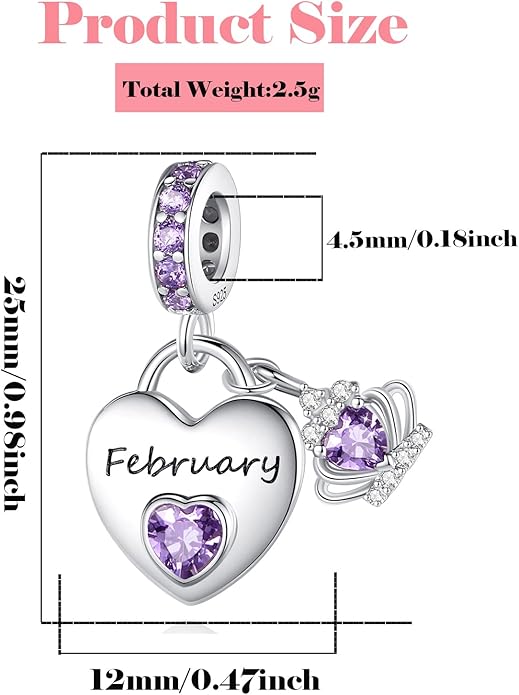 Birthstone Charms for Charms Bracelet: 925 Sterling Silver Heart Dangle Charms for Bracelets and Necklaces, Birthday Mother's Day Christmas Gifts For Women.