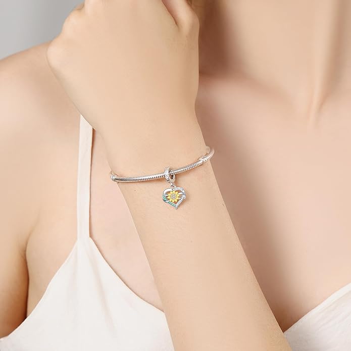 925 Sterling Silver Sunflower Charms Fit Pandora Charms Bracelet Forever In My Heart Fit Wife Mother's Day Christmas Birthday Gift
