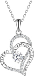 Birthday Gifts Double Heart Birthstone Necklace for Women, S925 Sterling Silver Pendant Necklace Jewelry for Her Mother Mom Wife Girlfriend
