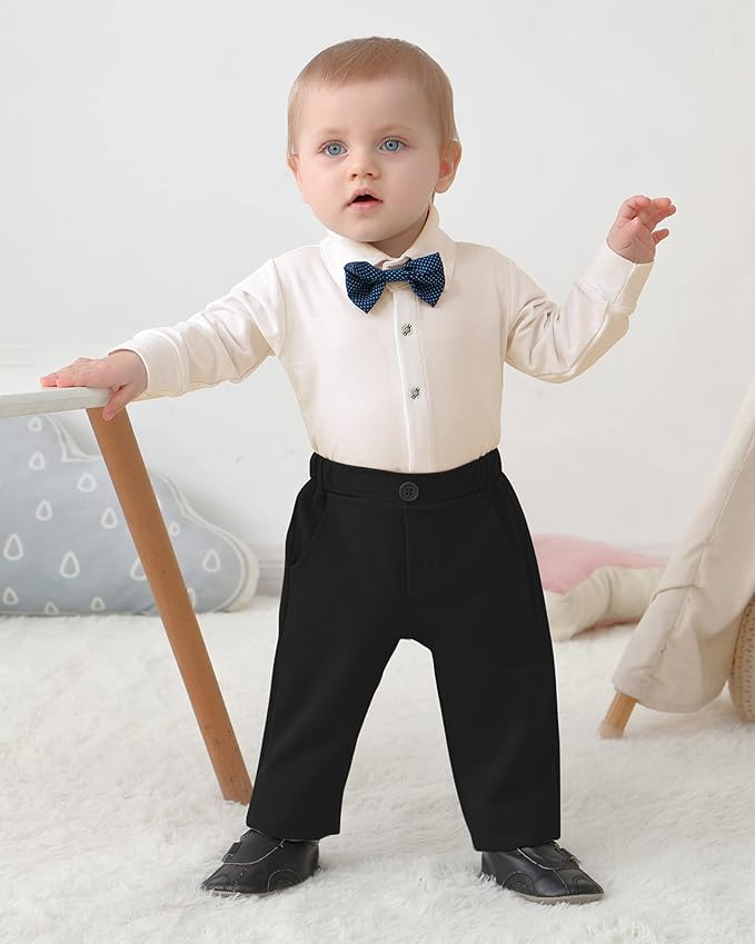 DISAUR Baby Boy Clothes Toddler Boy Outfits 4PCS Gentleman Dress Romper/Vest/Pants/Bow Tie Cotton Suit Sets