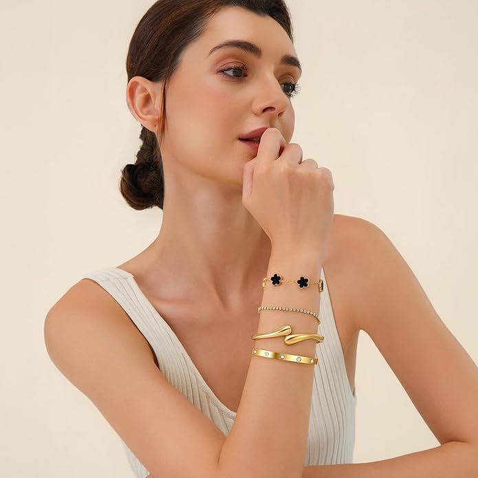 PDWZNBA 18K Gold-Plated Bracelet Set – Floral Clover, Tennis, Chunky Adjustable Twist Cuff, Classic Gold-plated Bangle Stainless Steel, Non Tarnish, Stackable Bracelet Gift for Women