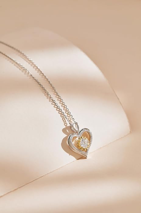 Sunflower Moissanite Heart Necklace for Women, Anniversary Birthday Gift for Wife, S925 Silver Moissanite Lab-Created Gem Jewelry for Her Girlfriend Mom