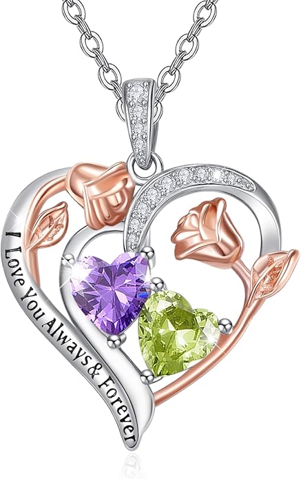 Valentine's Day Gifts for Wife 925 Sterling Silver Double Birthstone Pendant Necklaces I Love You for Always and Forever Necklace Anniversary Birthday Gifts for Wife Girlfriend Mom Her