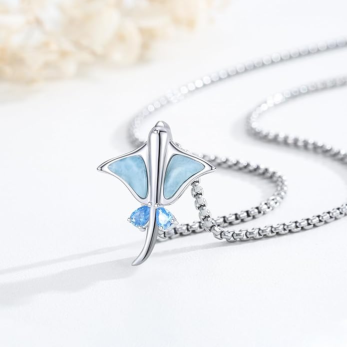 Midir&Etain Ocean Necklace 925 Sterling Silver Blue Opal Necklace Starfish/Flip Flop/Shark Pendant Beach Ocean Jewelry for Women