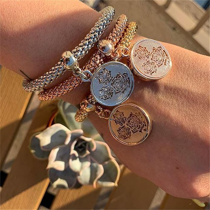 Crystal Charms Multilayer Bracelets - 3PCS Gold/Silver/Rose Gold Corn Chain Bracelet for Women, Tree of Life Heart Shaped Stretch Bracelet