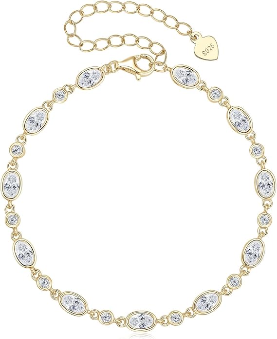 Oval Moissanite Link Bracelet for Women, 3.6cttw D Color VVS1 925 Sterling Silver Adjustable Oval Moissanite Bracelets for Mom Wife Birthday Jewelry Gifts