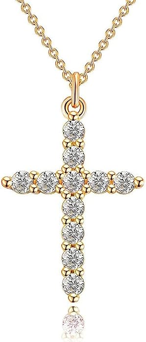Crown Cross Necklace for Women, 14K Gold Silver Cubic Zirconia Crown Cross Necklace, Diamond Gold Silver Cross Necklaces, Dainty Cross Faith Simple Trendy Charm Jewelry Gift for Women