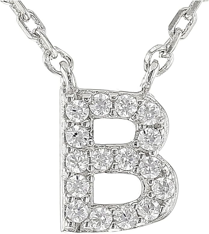 JTV Sterling Silver Initial Necklace for Women, 0.13 CTW White Cubic Zirconia Letter Pendant, Rhodium-Plated, Personalized Monogram Jewelry, Gift Box Included, 18”