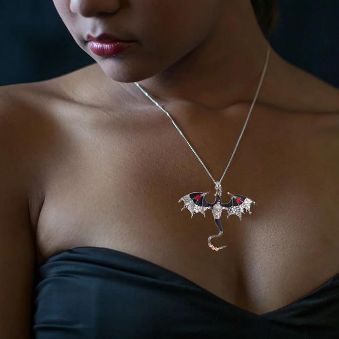 Rrdaily Gothic Dragon Necklace Crystal Enamel Dragon Pendant Necklace Vintage Dragon Animal Necklace Cartoon Flying Dragon Necklace Festival Birthday Jewelry for Men and Women