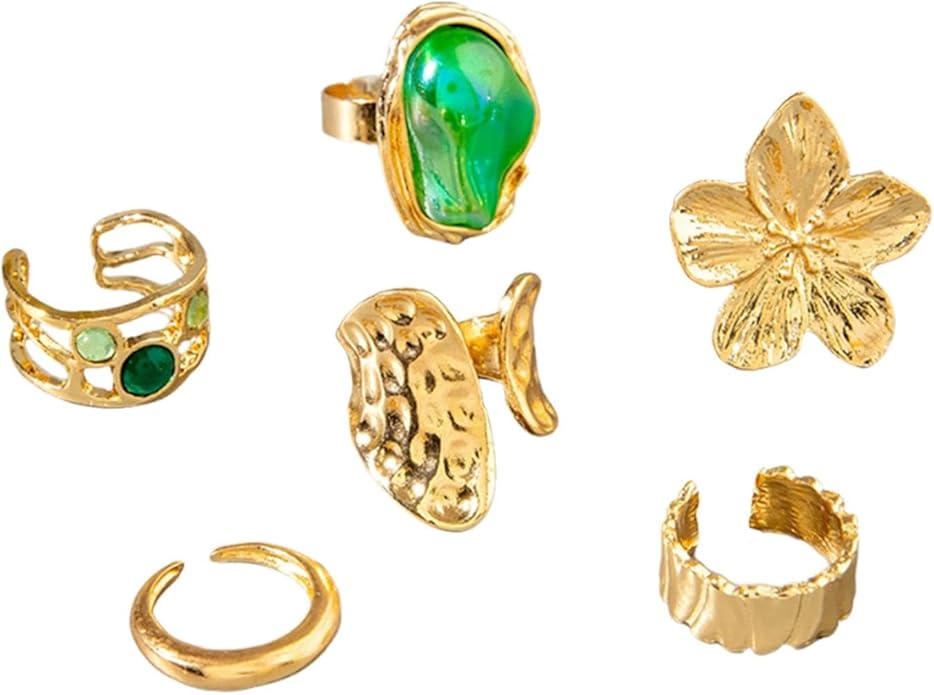 Gold Chunky Baroque Pearl Flower Rings Set,Hammered Open Adjustable Colorful Crystal Knuckle Finger Ring,Punk Party Jewelry Accessories Gift for Women
