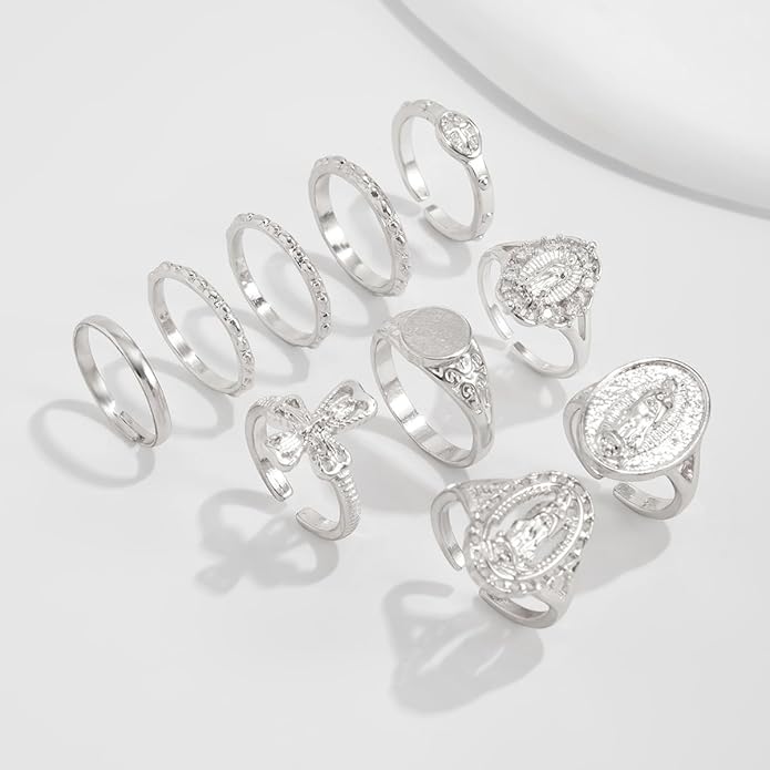 Chunky Gold Rings for Women Rhinestone Stackable Knuckle Ring Set Open Adjustable Statement Ring Set Dainty Crown Cross Midi Rings Fashion Jewelry Gift for Women