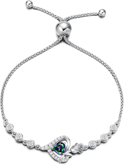 AGVANA Valentines Day Gifts Rosy Reverie Birthstone Bracelet for Women Sterling Silver Genuine or Created Gemstone Tennis Bracelet Rose Heart Jewelry Anniversary Birthday Gifts for Women Mom Wife Her