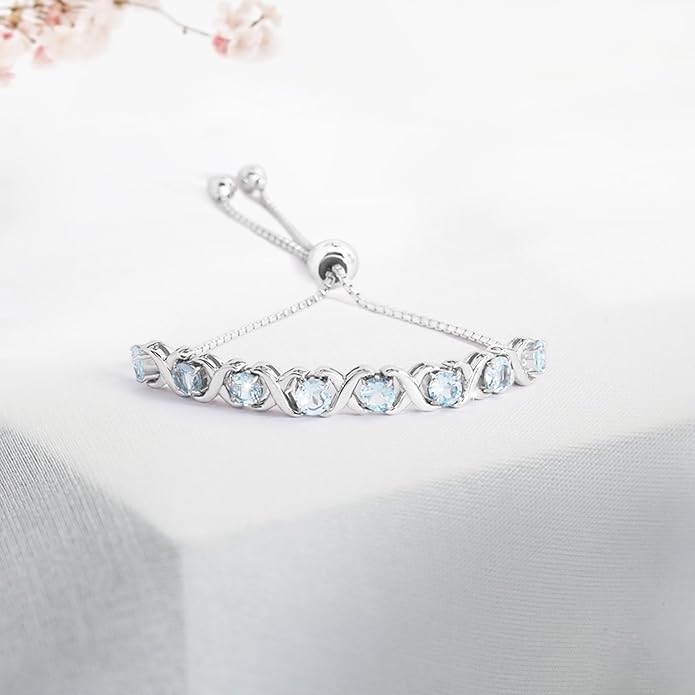 Birthstone Bangle Bracelet for Women Classic Beautiful 925 Sterling Silver Sparkling Gemstone XO Bolo Tennis Bracelet Fine Wrist Jewelry 4.2 Ct, 11"