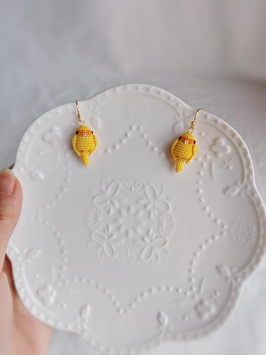 Hand-crocheted yellow and blue parrot earrings, miniature crocheted artistic cute playful parrot gifts accessories