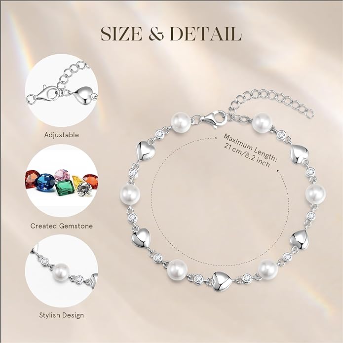 Carleen Birthstone Bracelets for Women 925 Sterling Silver Five Heart Station Created Gemstone Tennis Bracelet Jewelry Anniversary Birthday for Wife, 7"+1.2" Extender