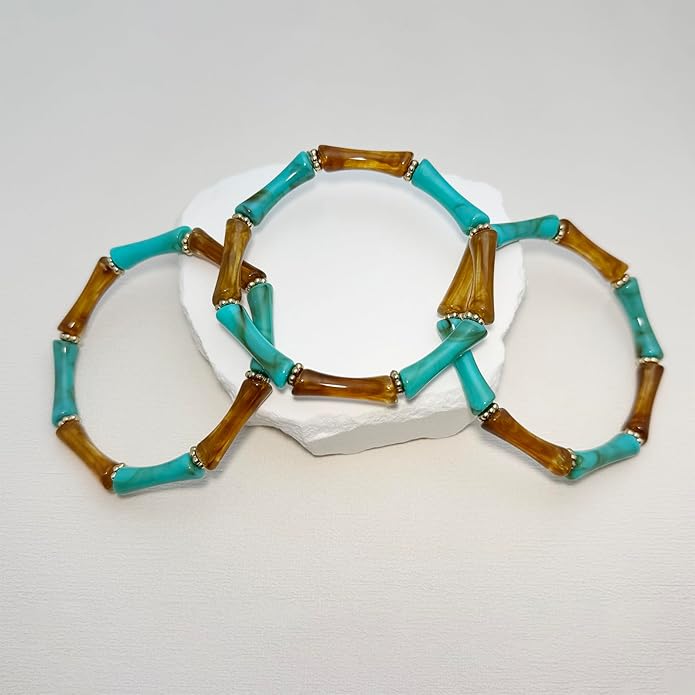 Tortoise Shell Bamboo Bangle Bracelet for Women – 3-Layer Acrylic Stretch Cuff with Faux Tortoiseshell Pattern – Retro Stackable Jewelry