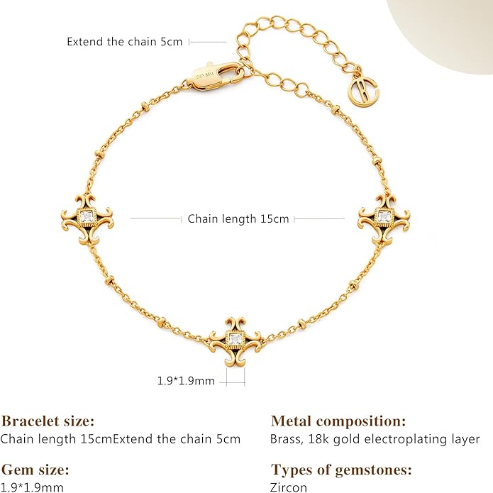 Cicy Bell Womens 18k Gold Plated White Shell Cubic Zirconia Square Cross Adjustable Chain Link Bracelets 6.69" with 2" Extender