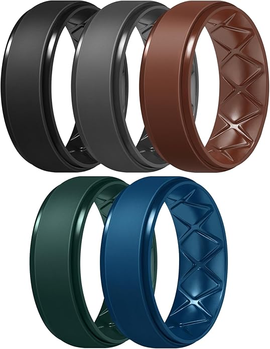Egnaro Men's Rings 8.5mm Wide-2mm Thick Inner Arc Ergonomic Breathable Rubber Wedding bands-Hypoallergenic for Gym/Outdoor/Gift((1-7 Variety Pack with Half Size)