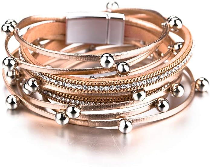 Fesciory Leather Wrap Bracelets for Women, Boho Leopard Multi-Layer Crystal Beads Cuff Bracelet Jewelry