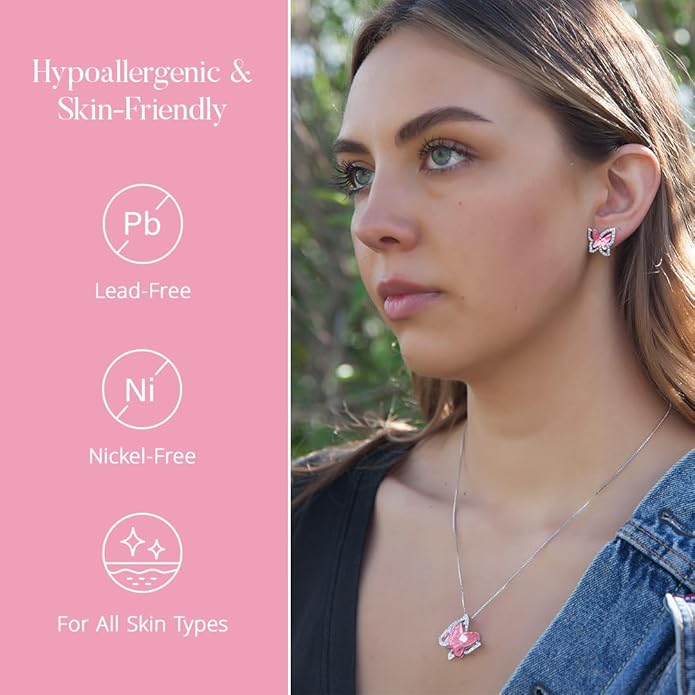 Valentine's Day Gift Butterfly Birthstone Crystal Necklace, Silver Tone with 18”+2” Chain, Necklace for Mother’s Day Anniversary Birthday Gifts for Women and Daughter