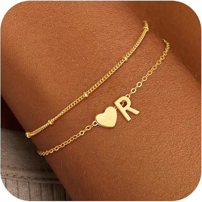 Valentines Day Gifts for Kids Women Girls, 14K Gold Plated Heart Initial Bracelet Teen Girl Gifts Trendy Stuff Dainty Gold Bracelets for Women Girls Valentines Day Gifts
