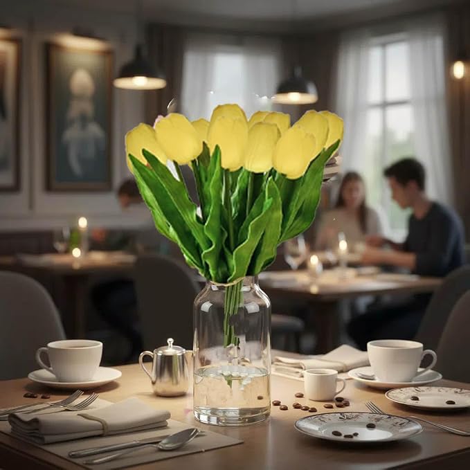 Mandy's 6pcs Artificial Yellow Tulips | 17.7 Inch Lifelike PU Tulips Faux - Image 4