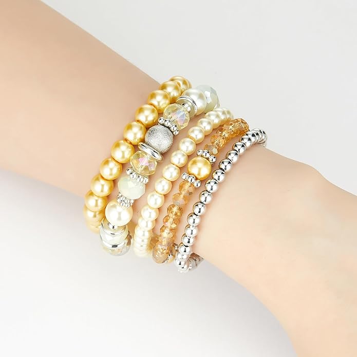 Noessla Beaded Pearl Stretch Bracelet Silver Stackable Crystal Beads Bracelets Trendy Costume Jewelry Mothers Day Gifts for Women