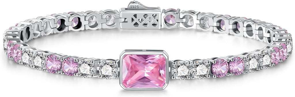 Birthstone Bracelets for Women Birthday Gifts 4CT Radiant Cut Birthstone 4mm Sterling Silver White Gold Tennis Bracelets for Women Round Cut 5A Cubic Zirconia Bezel Setting 7 Inch