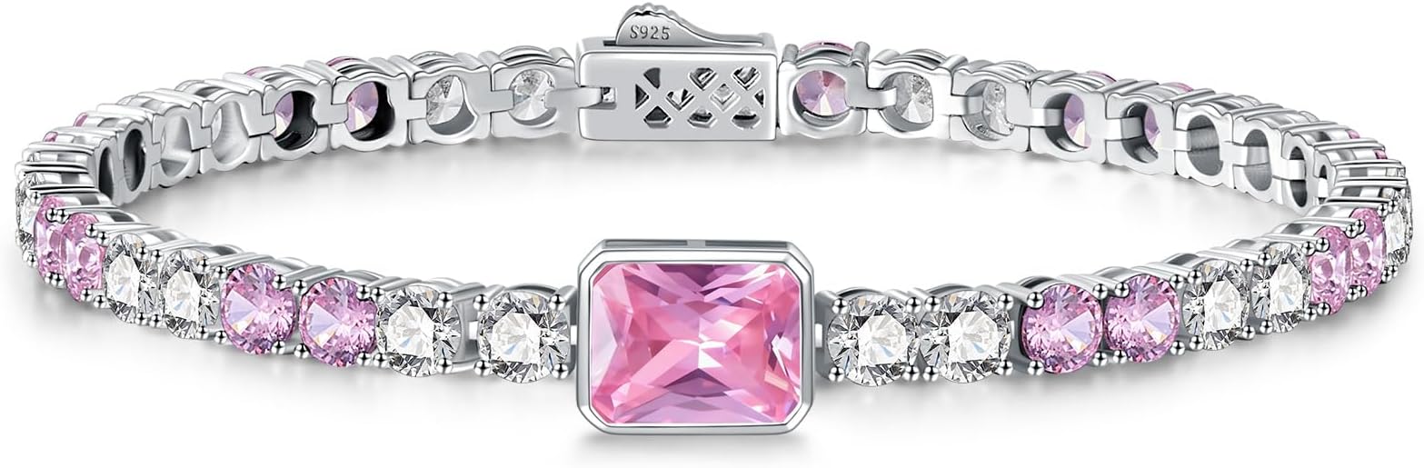 Birthstone Bracelets for Women Birthday Gifts 4CT Radiant Cut Birthstone 4mm Sterling Silver White Gold Tennis Bracelets for Women Round Cut 5A Cubic Zirconia Bezel Setting 7 Inch