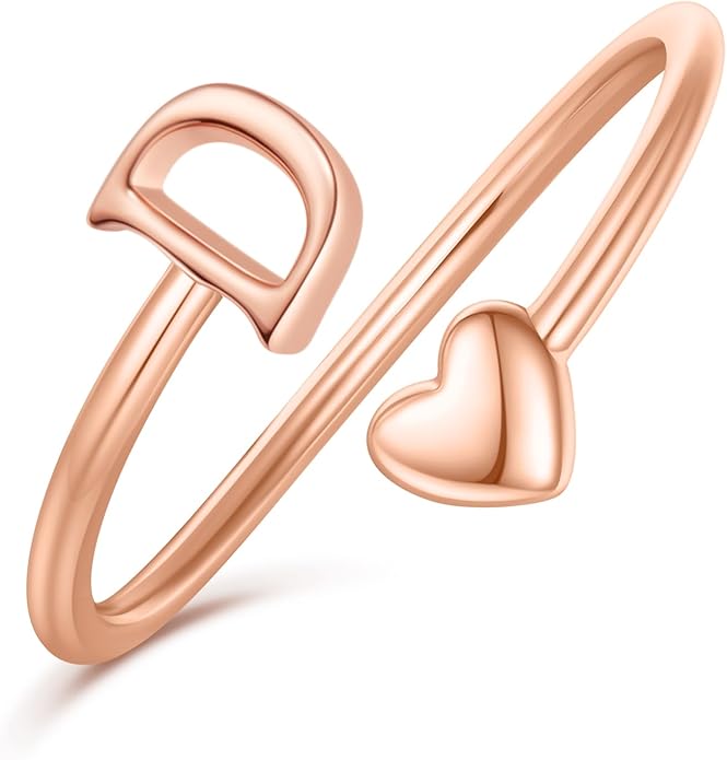 Initial Rings for Women Girls - Valentines Day Gifts for Her, Adjustable Rings for Women Non Tarnish Letter A-Z Dainty Heart Ring Teen Girls Gifts Trendy Stuff Personalized Jewelry Gift