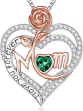 Rose Birthstone Gifts for Mom, S925 Sterling Silver Rose Heart Pendant Birthstone Necklace Mothers Day Valentines Day Christmas Birthday Jewelry Gifts for Mom