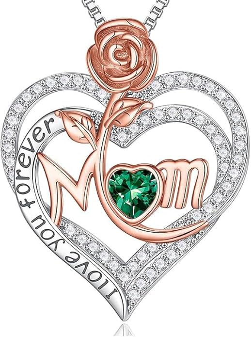 Rose Birthstone Gifts for Mom, S925 Sterling Silver Rose Heart Pendant Birthstone Necklace Mothers Day Valentines Day Christmas Birthday Jewelry Gifts for Mom