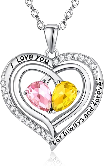 Valentine's Day Gifts for Wife 925 Sterling Silver Double Birthstone Pendant Necklaces I Love You for Always and Forever Necklace Anniversary Birthday Gifts for Wife Girlfriend Mom Her