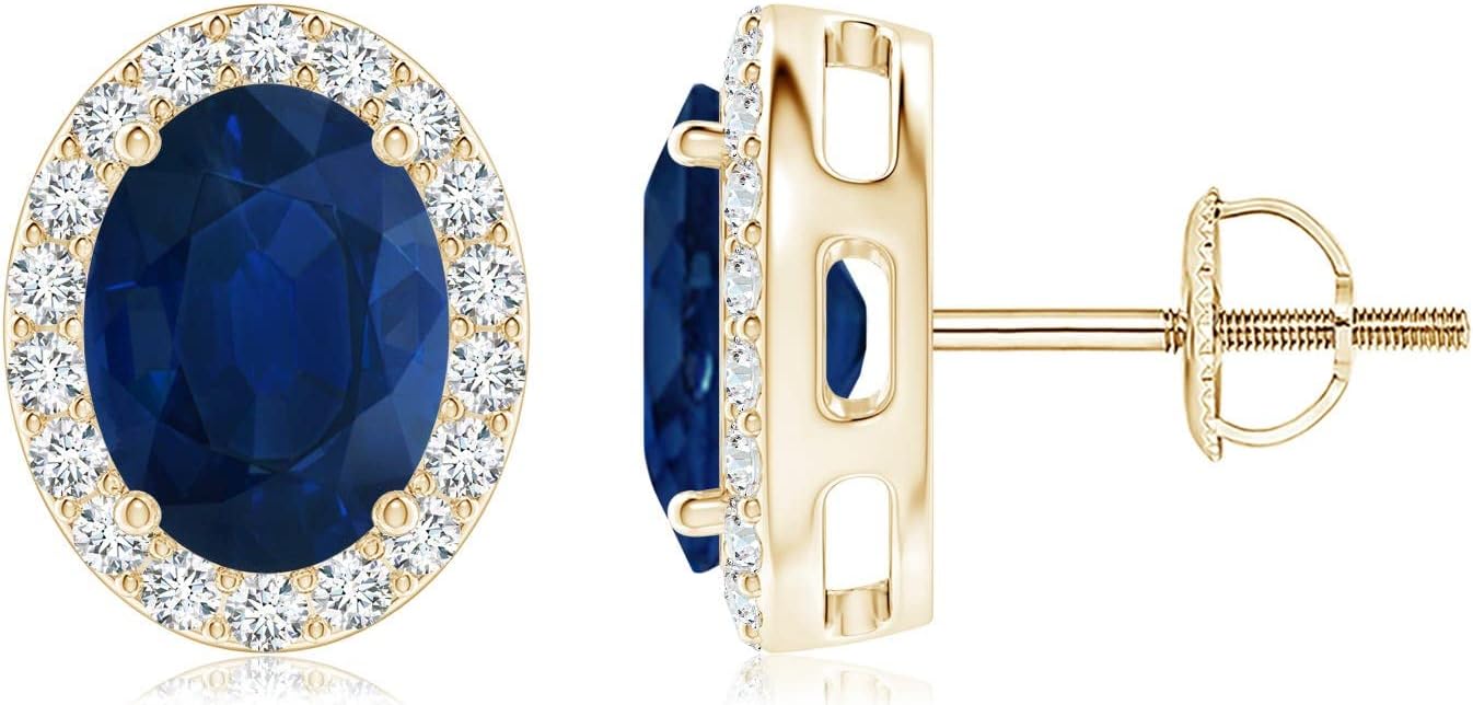 ANGARA Natural Blue Sapphire Earrings for Women | Prong-Set Oval Blue Sapphire Stud Earrings with Diamond Halo in 14K Solid Gold/Platinum | September Birthday, Anniversary, Gemstone Jewellery Gift