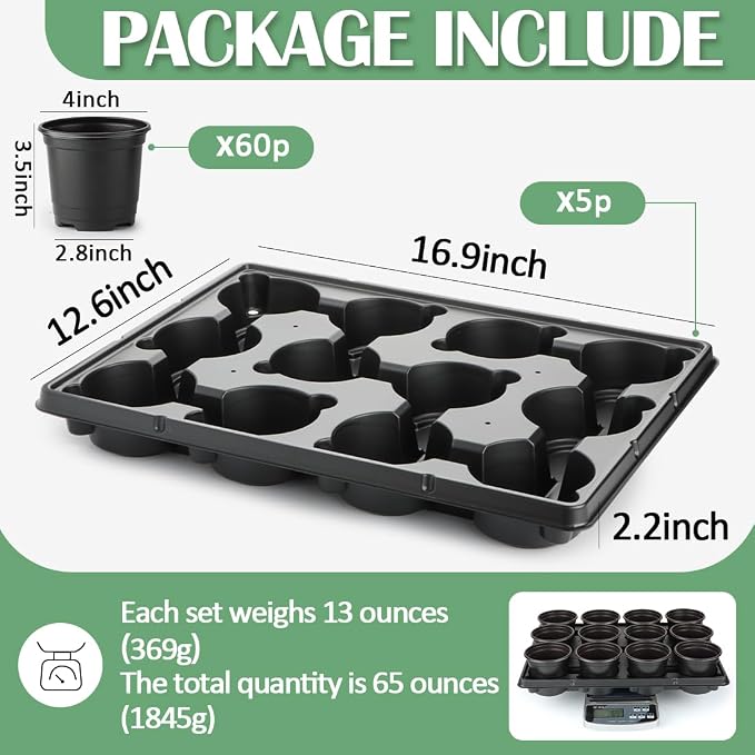 RooTrimmer 4 Inch Plastic Plant Pots 60 Pcs and 12 Cell Nursery Pots Trays 5 Pcs - Image 2