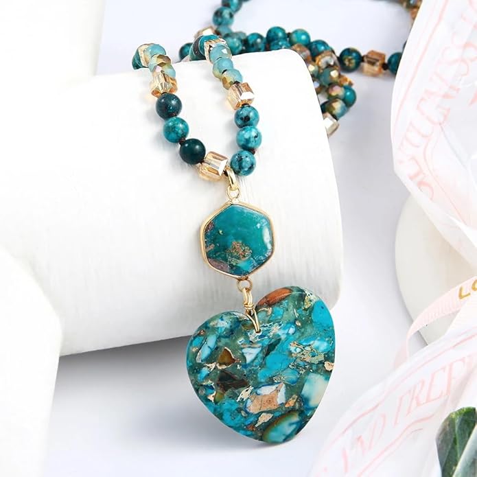 Yomisa Boho Necklaces for Women Men Long,33/34/35 Inch Natural Turquoise Tiger Eye Beaded Stone Pendant Necklaces for Women Trendy,Handmade Bohemian Western Bead Necklace Fashion Charm Jewelry Gift