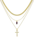 3Pcs Gold Layered Necklaces for Women, 14K Gold Plated Cross Necklace, Dainty Birthstone Necklace for Women, Herringbone Gold Necklaces Set, Stackable Women's Gold Pendant Necklaces Jewelry Set