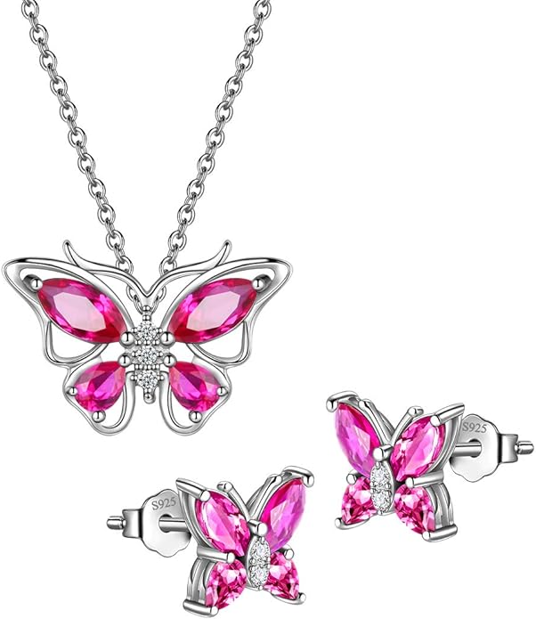 925 Sterling Silver Birthstone Butterfly Jewelry Women Crystal Animal Cute Butterflies Birthday Necklace/Earring/Ring/Bracelet Sets Birth Stone Statement Anniversary Jewellery