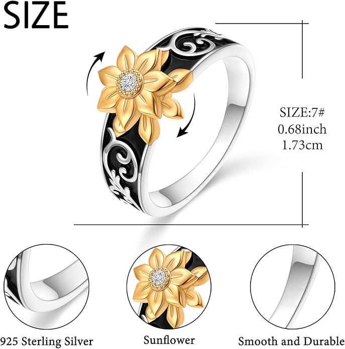Alphm Sunflower Fidget Ring S925 Sterling Silver Spinner Ring Anxiety Stress Relieving Rotatable Valentine's Day Birthday Jewelry Gift for Women Wife Girlfriend