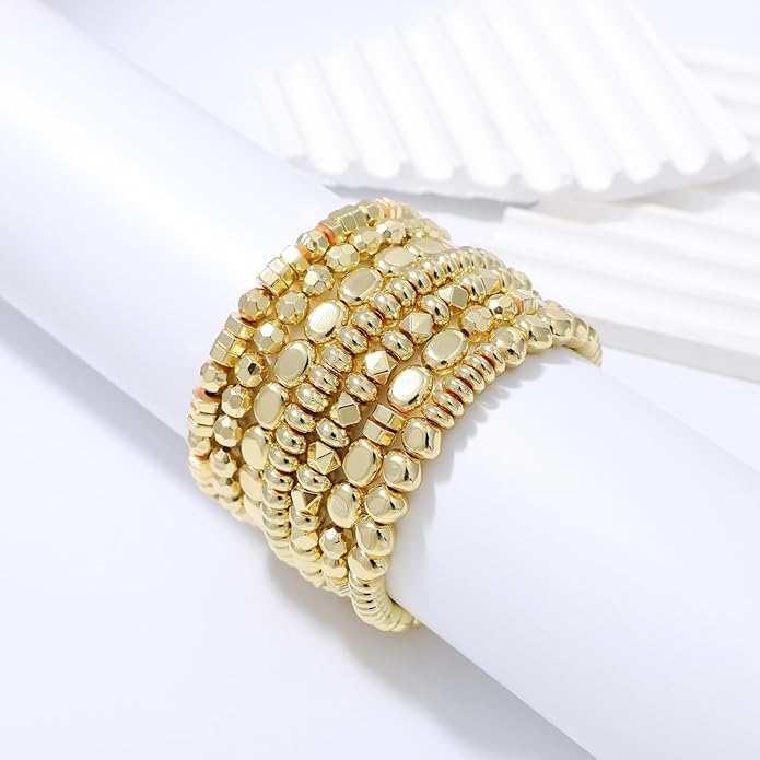 Gold Plated Beaded Bracelets for Women Trendy, 14K Gold Plated Stack Cross Pearl Gold Plated Bead Stretch Bracelets Set Elastic Hypoallergenic Bracelets Jewelry Gifts