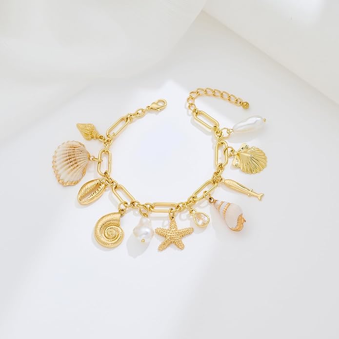 Gold Charm Bracelet for Women Boho Adjustable Shell Starfish Bracelet Summer Beach Ocean Statement Bracelets
