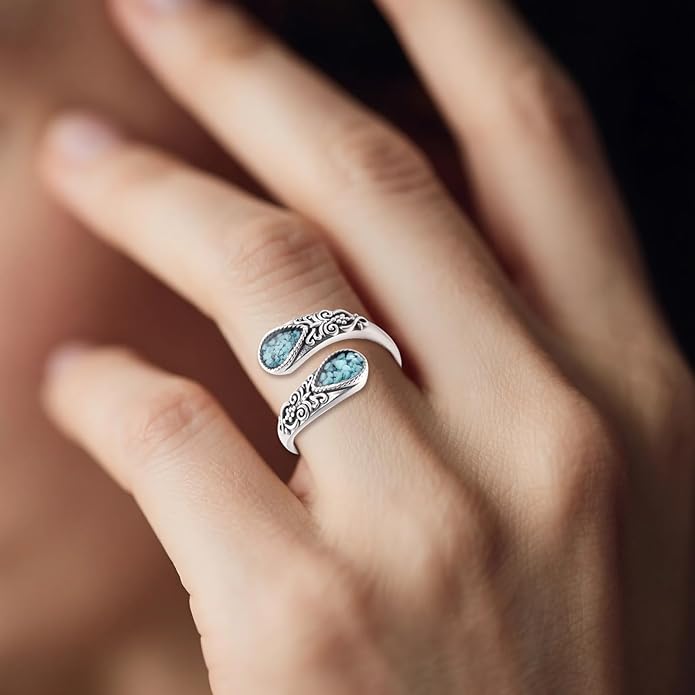 Hummingbird/Dragonfly Turquoise Ring 925 Sterling Silver Floral Spoon Rings Vintage Thumb Band Oxidized Wrap Adjustable Bands Jewelry Gifts for Women Wife Mother Christmas Birthday