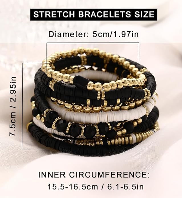 iF YOU 13pcs Heishi Clay Beaded Stretch Bracelets for Women, Boho Gold Surfer Stackable Bracelet Stacks White Brown Black Beach Jewelry