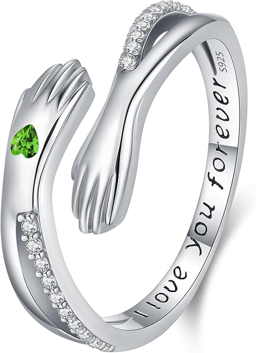 Hug Rings for Women Birthstone Hug Rings 925 Sterling Silver Adjustable Hand Ring Open Jewelry Daughter Gifts From Mom Mother Teens Mother's Day Amavive